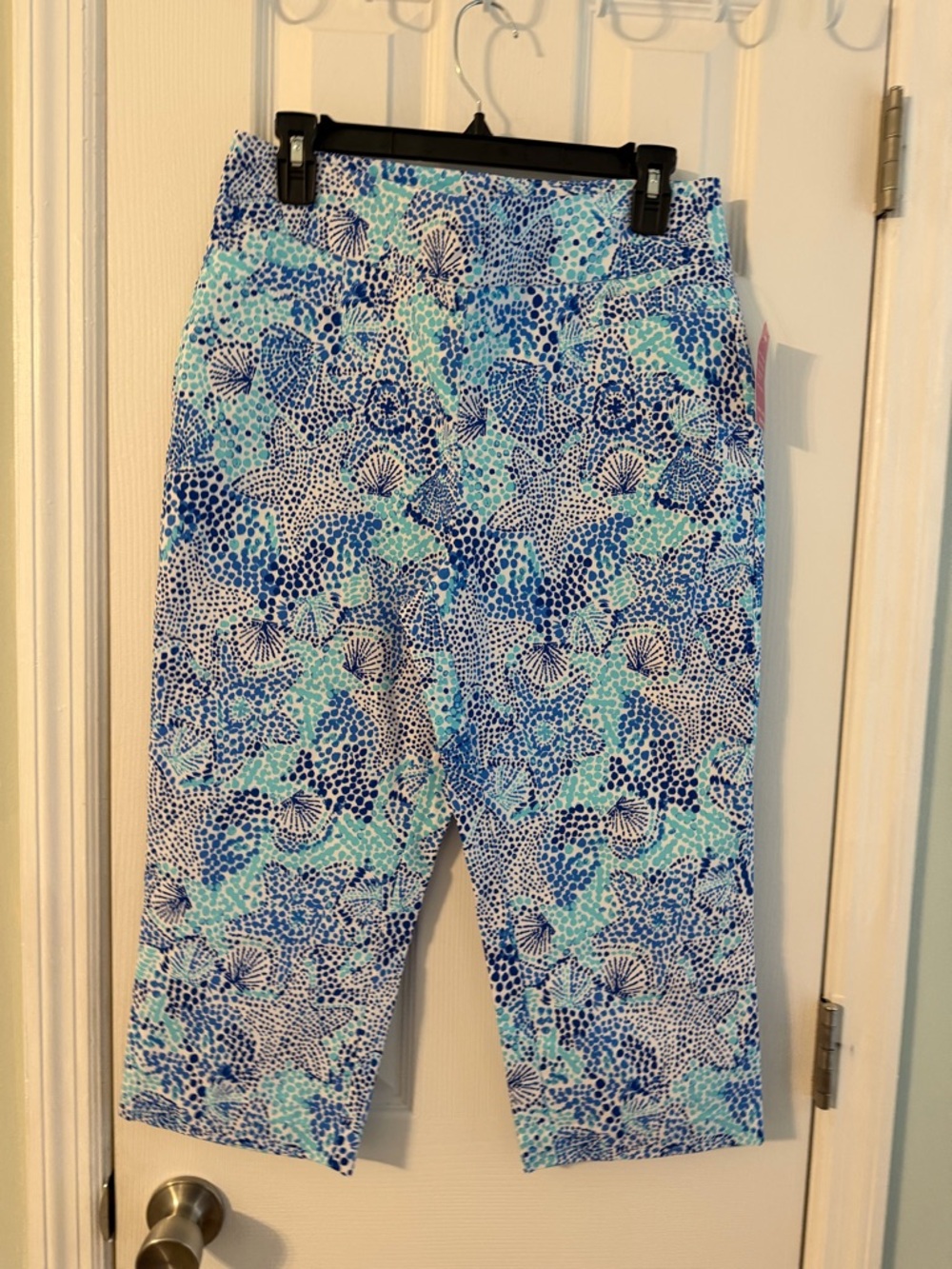 Kim Rogers Blue and Aqua Printed Pull-On Capri Leggings
